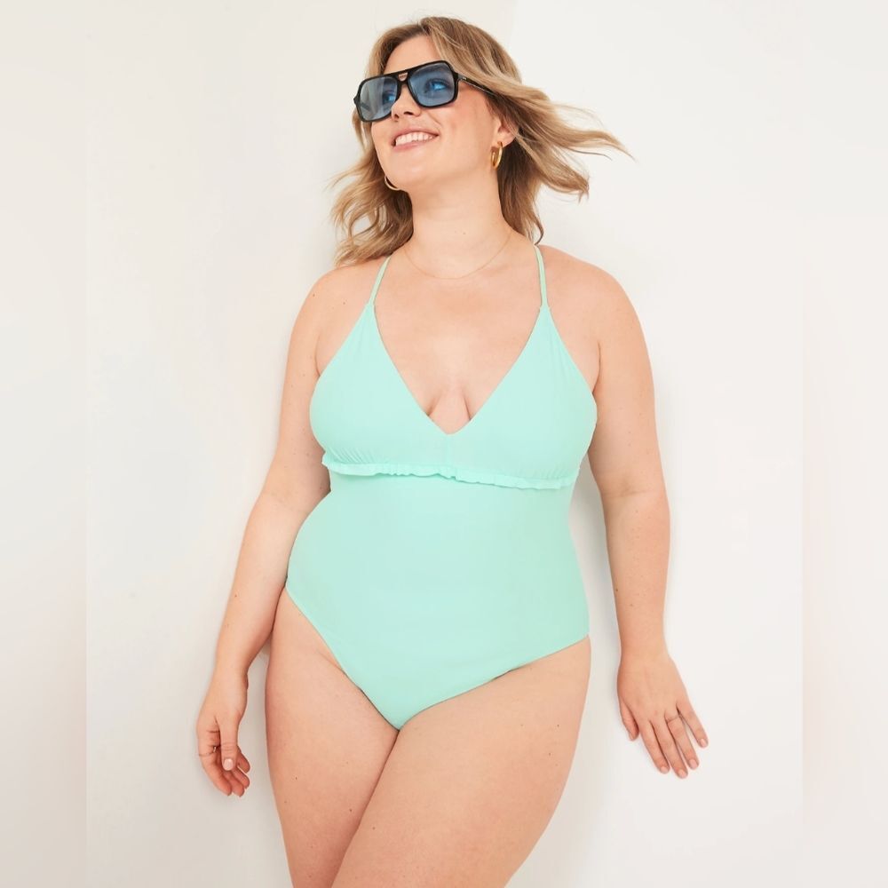 V-Neck Ruffle-Trim Cutout One-Piece Swimsuit Icelandic Fjord Old Navy (M + 2X)